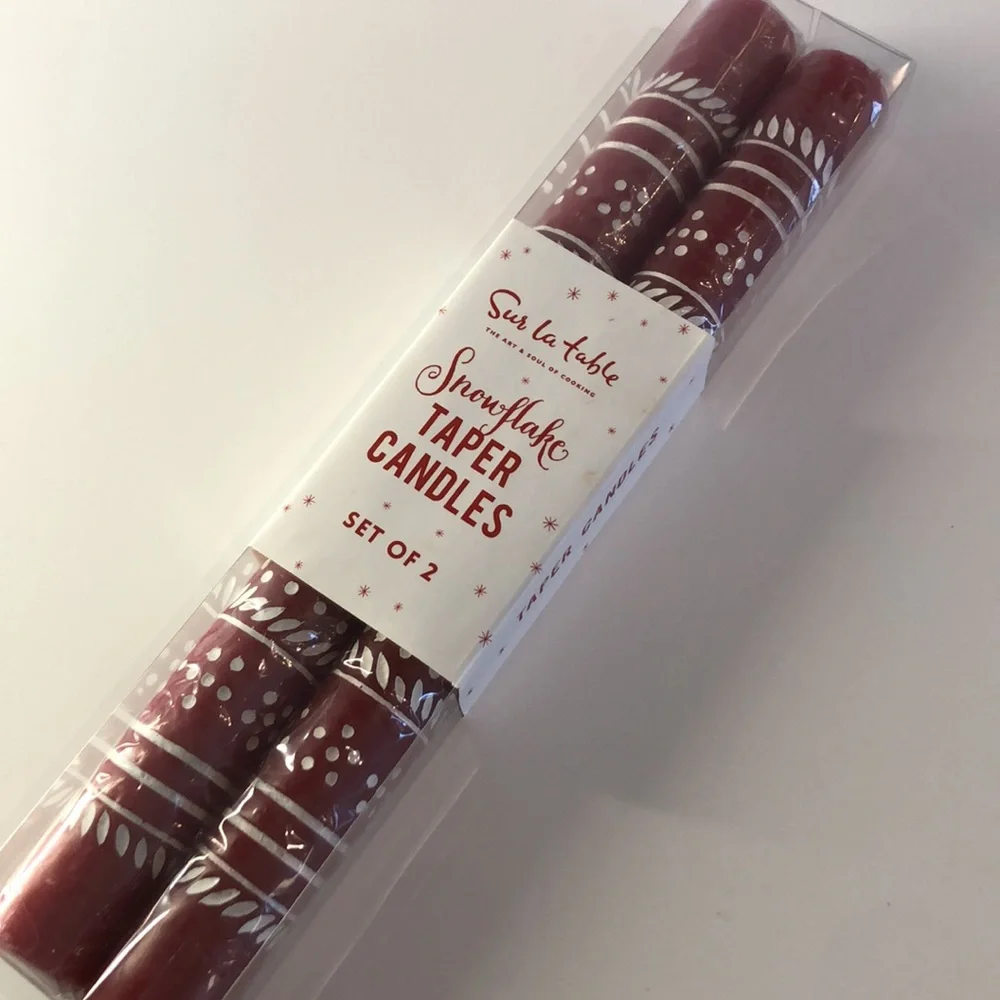 Set of (2)Red Taper Candles with Snowflake Pattern